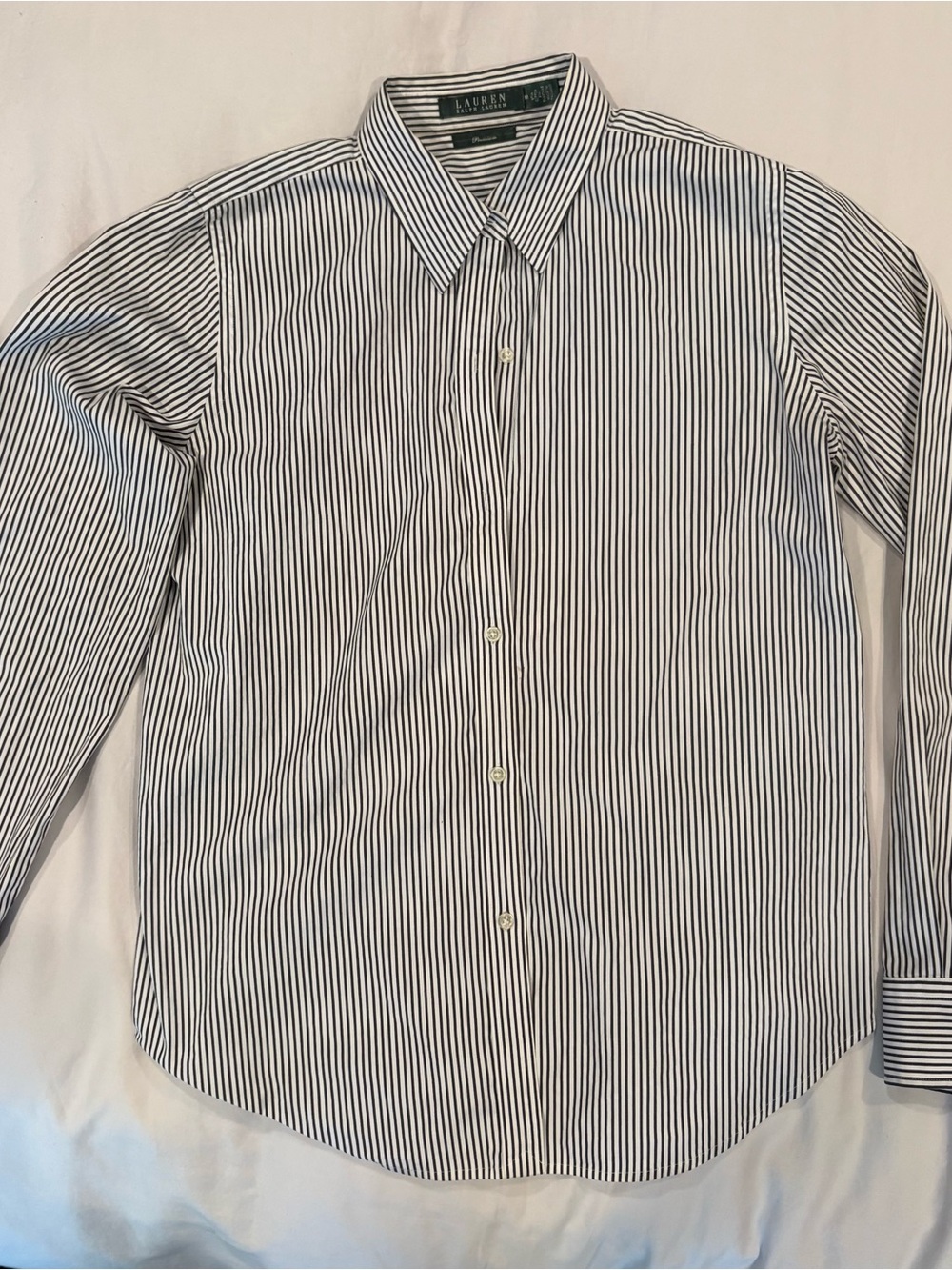 Lauren Ralph Lauren White and Black Vertical Stripe Dress Shirt Medium, Premium